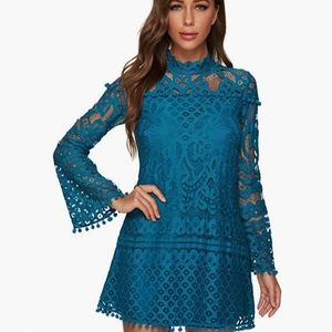 Crochet pom-pom sheer lace bell sleeve dress